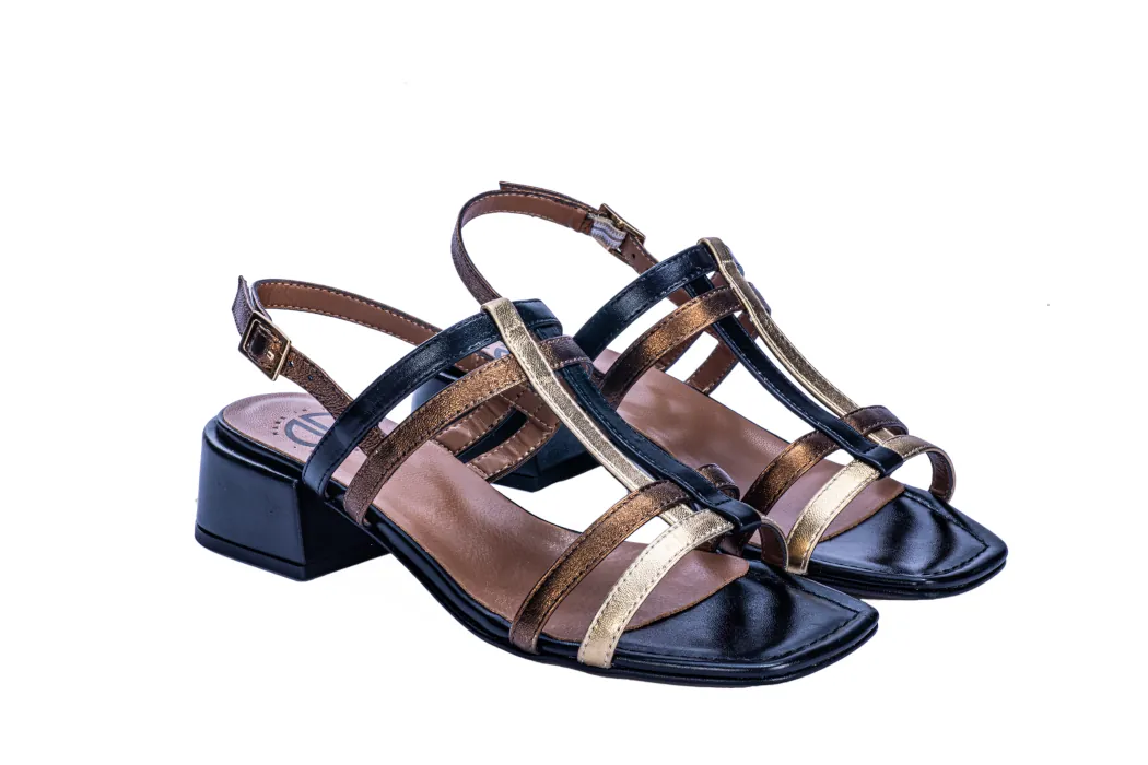 Elegant women's sandals in leather, laminated nappa, black color, copper and gold laminate, low heel;