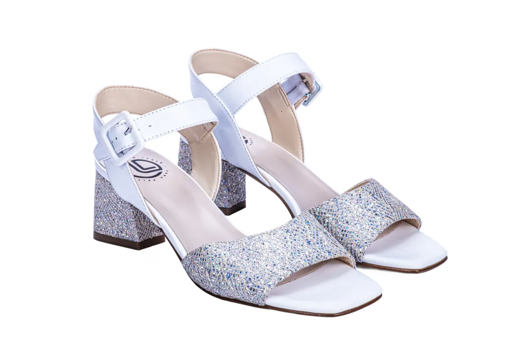 Elegant women's sandals in leather and glittered fabric, silver color, medium heel, 50 mm