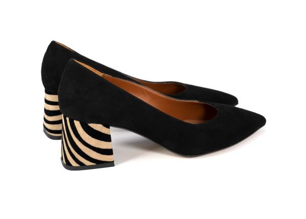 Woman Shoe Pump in Black Suede Leather, Zebra Heel