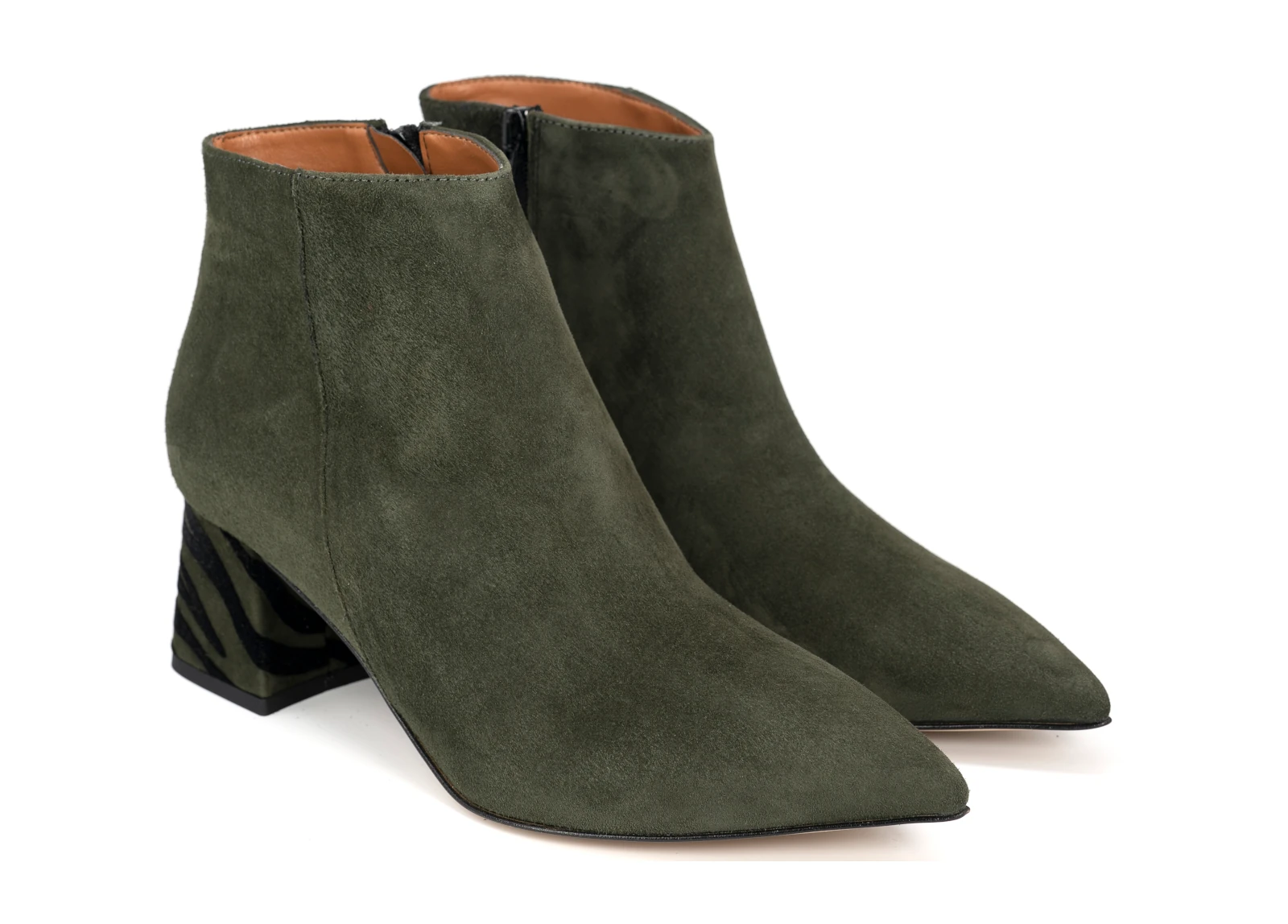 Woman Ankle Boot in Green Suede Leather, Zebra Heel.