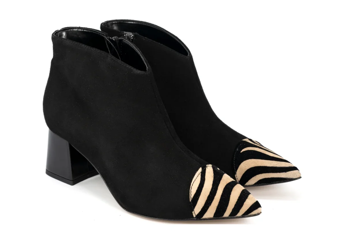 Woman Ankle Boot in Black Suede Leather, Zebra Tip